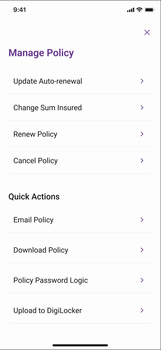 YONO 2.0 app Manage Policy drawer — all seven policy actions behind one entry point, with lower-frequency actions grouped under Quick Actions.