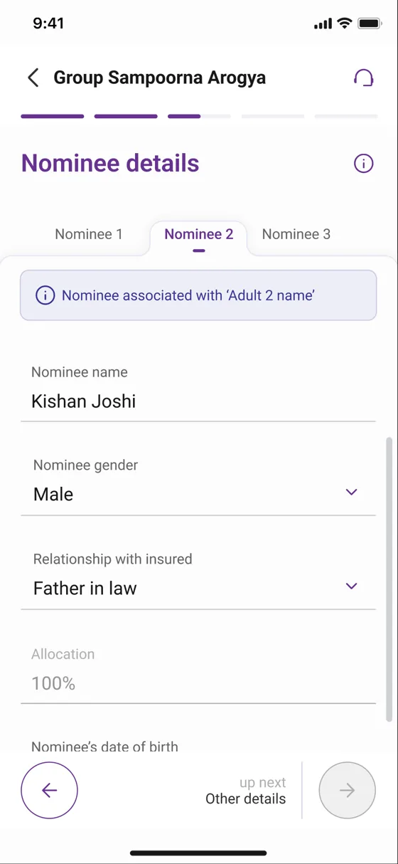 GSA nominee and appointee capture on the YONO app — a horizontal tab structure across nominees, each minor nominee nesting its own appointee inside the same tab.