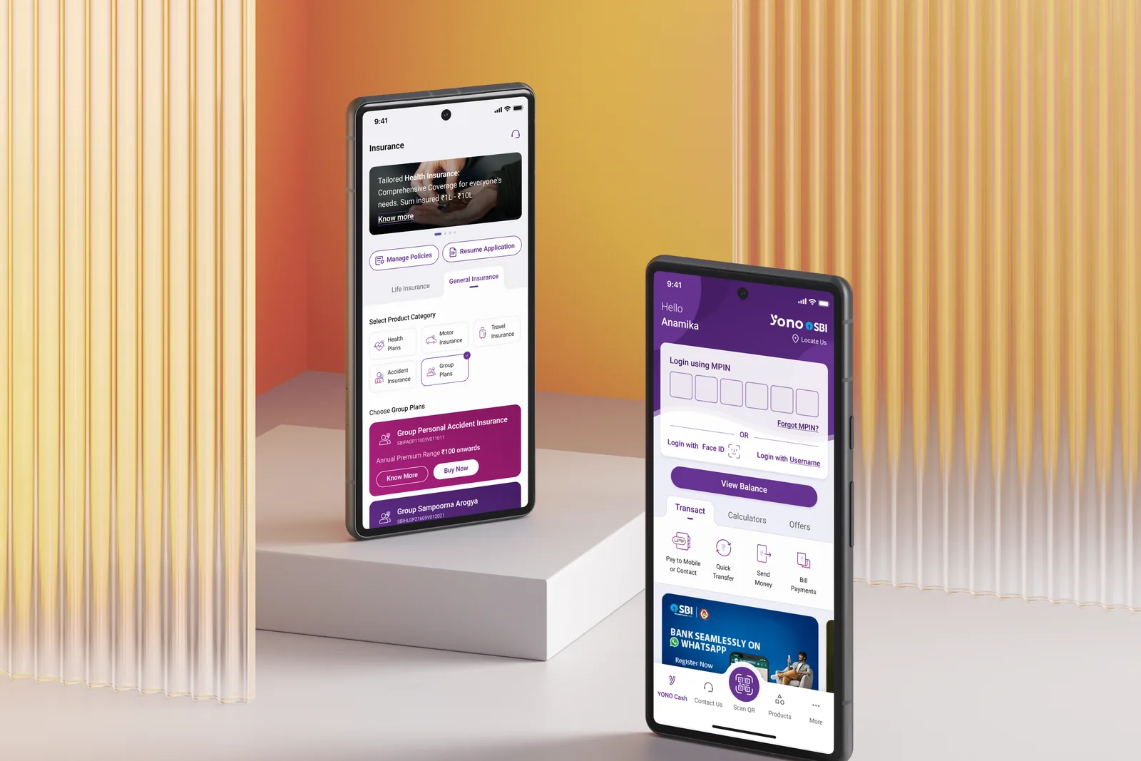 YONO 2.0 app — General Insurance product selection and secure login