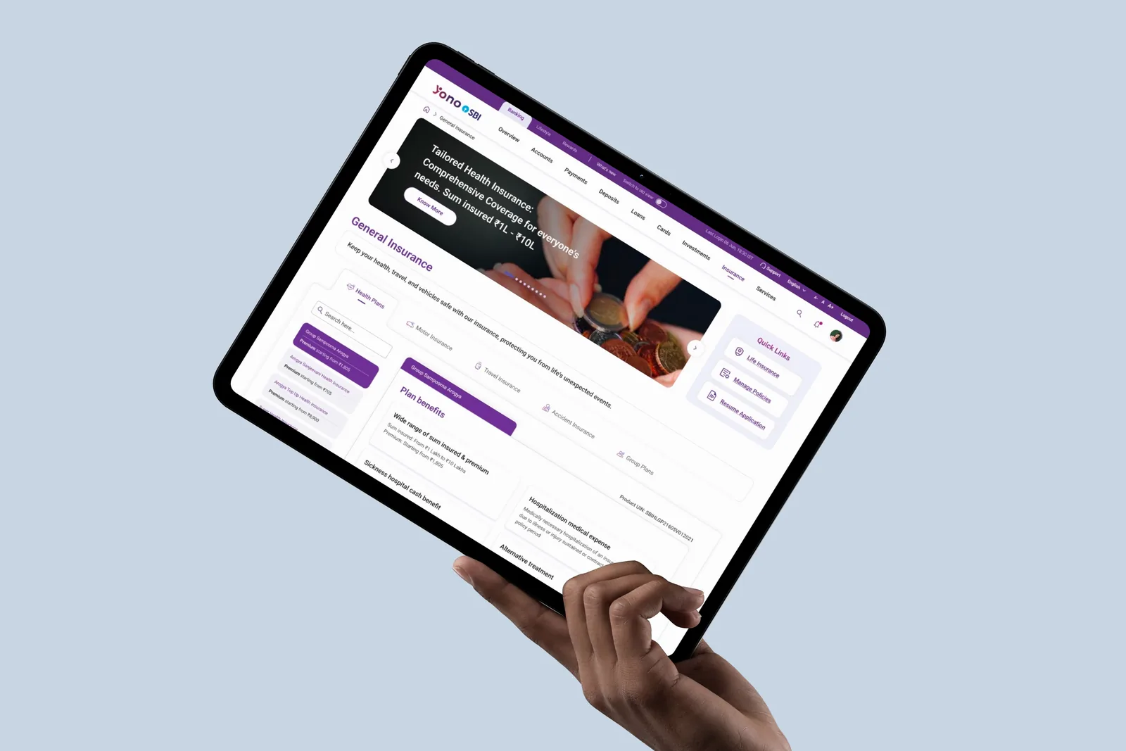 YONO 2.0 General Insurance landing — product categories, plan benefits and Manage Policies