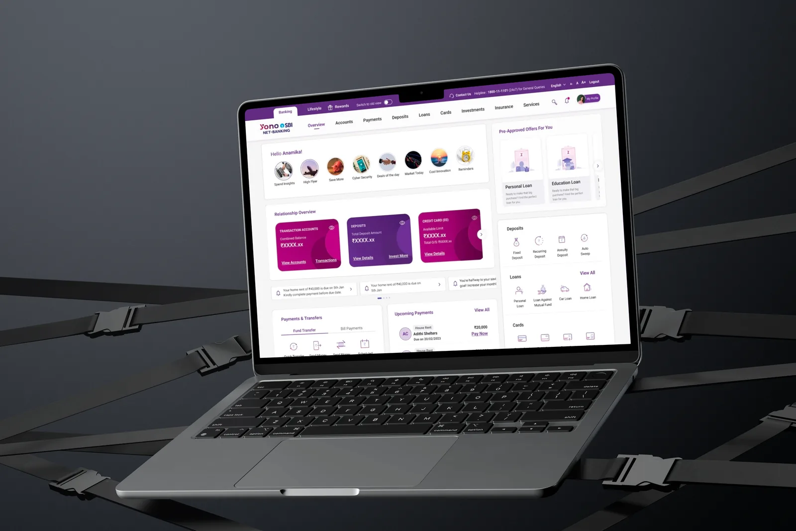 YONO 2.0 web relationship overview — accounts, deposits, cards and insurance