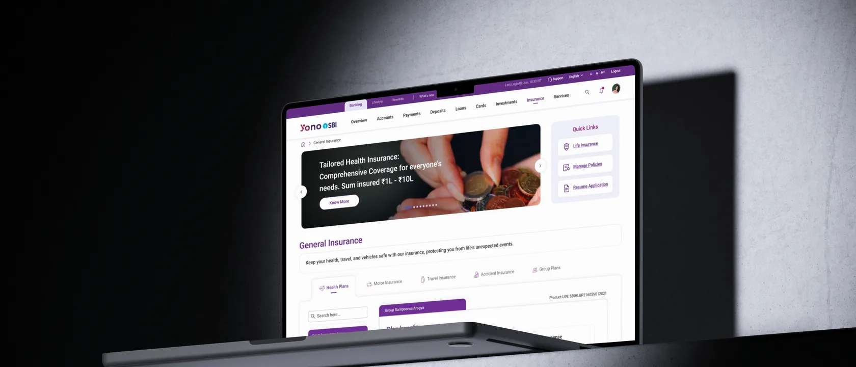 SBI YONO 2.0 General Insurance on web