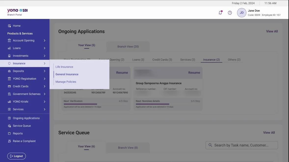 YONO 2.0 staff-facing branch portal with the insurance queue