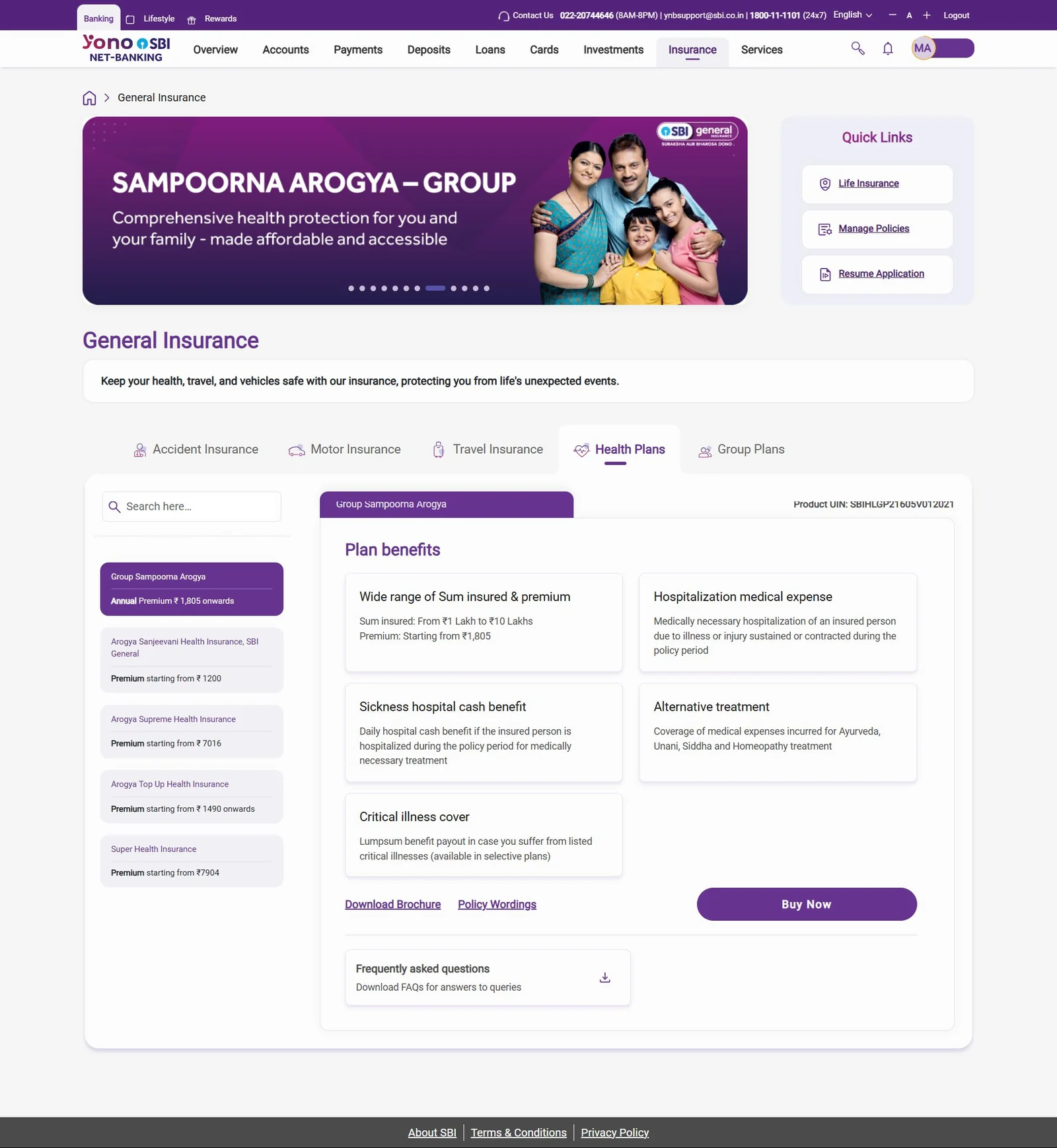 YONO 2.0 General Insurance landing page showing Group Sampoorna Arogya with the persistent banner, GI/LI navigation, product browsing panel, and plan benefits surfacing simultaneously.