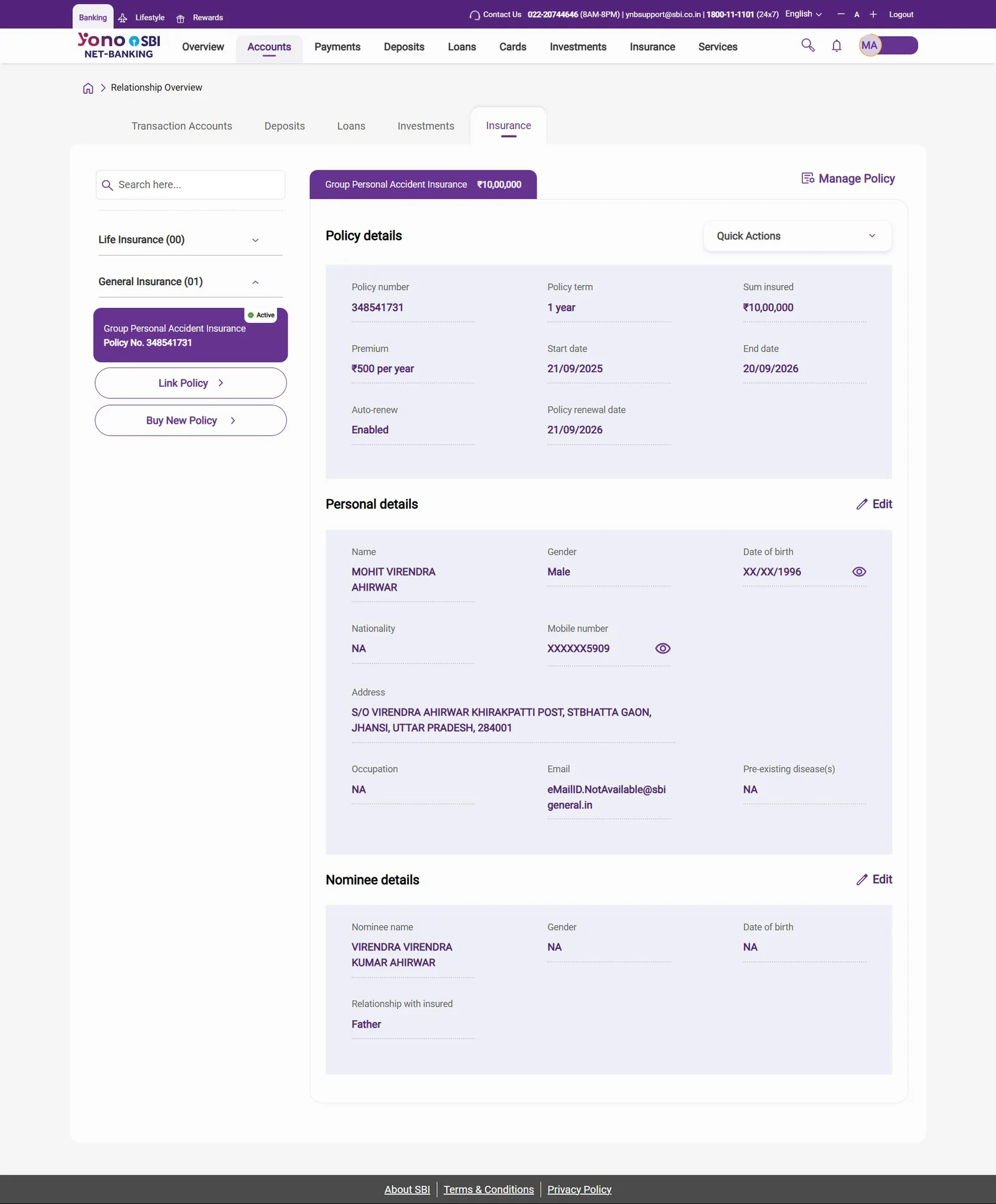 YONO 2.0 policy management view for a Group Personal Accident Insurance policy showing policy details, personal details, nominee details, and a single Manage Policy CTA in the top-right corner.