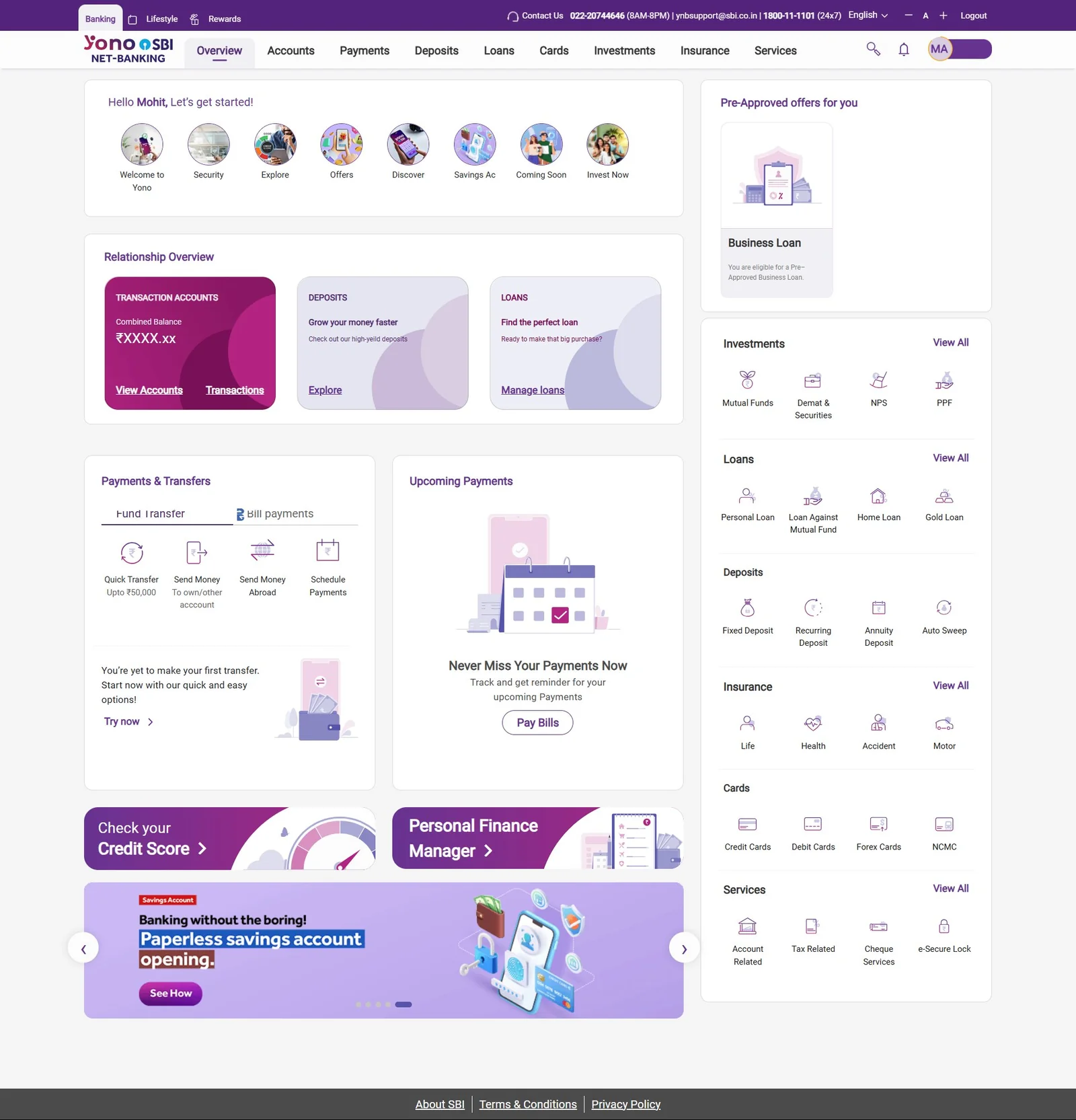 YONO 2.0 web main landing page showing the welcome strip, Relationship Overview cards for accounts, deposits and loans, plus a right-hand product navigation rail covering Investments, Loans, Deposits, Insurance, Cards, and Services.